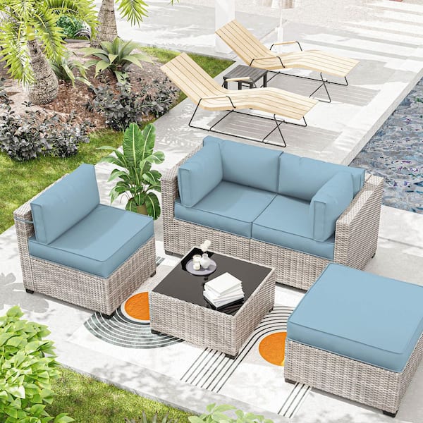 25.6 in. x 25.6 in. x 4 in. (9-Piece) Deep Seating Outdoor Sectional Cushion Sky Blue