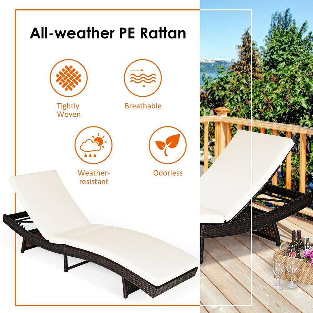 Adjustable White Cushioned Rattan Folding Chaise Lounge Chair