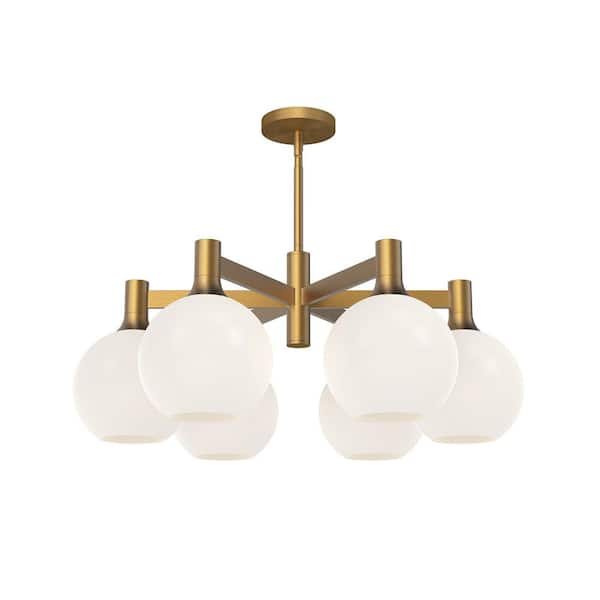 Castilla 29 in. 6 Light 60-Watt Aged Gold/Opal Matte Glass Chandelier