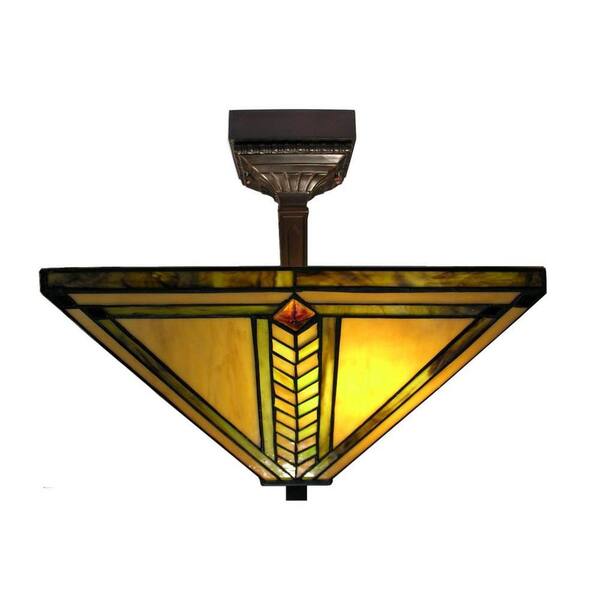 Warehouse of Tiffany 2-Light Antique Bronze Mission Stained Glass Semi Flush Lamp with Mounting Fixture