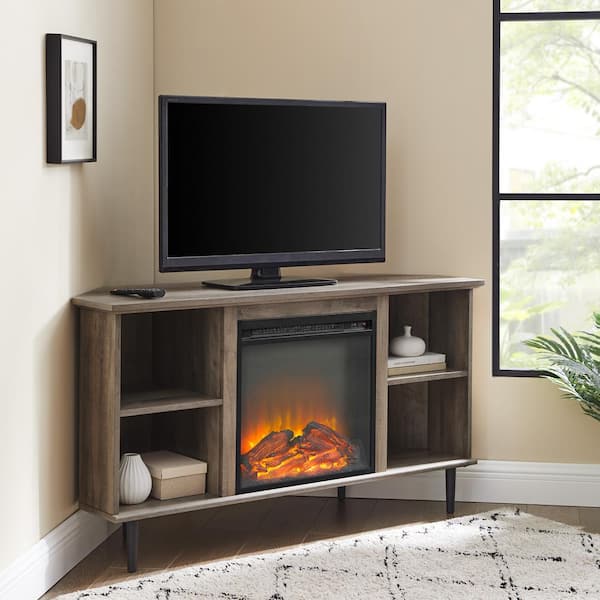 Welwick Designs 48 in. Grey Wash Wood Corner TV Stand Fits TVs up to 55 in. with Fireplace Insert