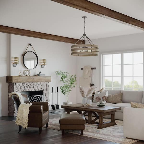 Gulliver 27-3/4 in. 5-Light Graphite Farmhouse Drum Pendant with Weathered Gray Wood Accents for Dining Room