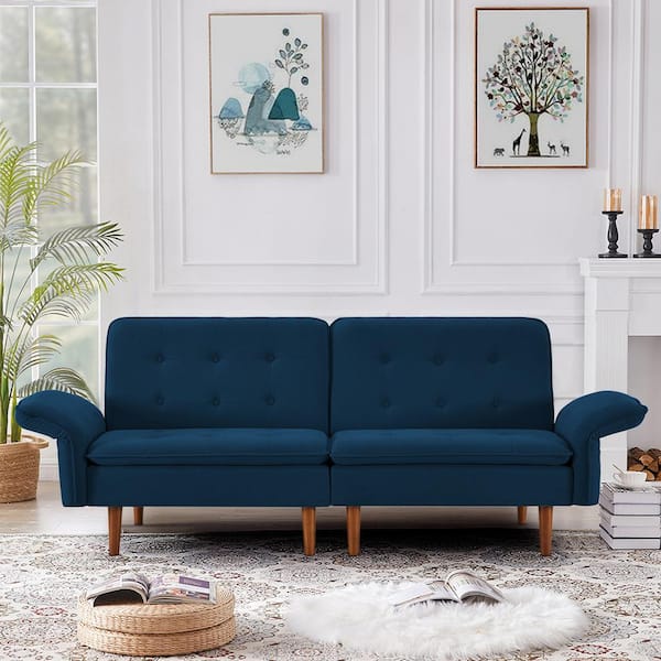 Seafuloy 66.93 in. Wide Blue Adjustable Flared Arm Polyester Straight Twin Size Sofa Bed