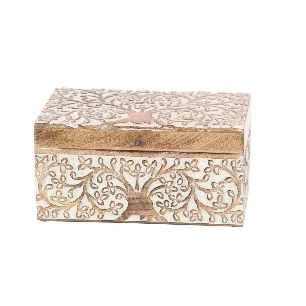 Set of 3 Brown Mango Wood Floral Decorative Boxes