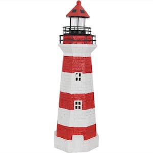 36 in. Red Horizontal Stripe Solar LED Garden Statue Lighthouse