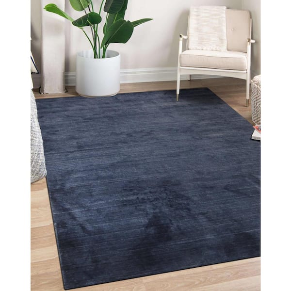 EORC Navy 8 ft. x 10 ft. Handmade Wool and Viscose Contemporary Solid Loom Urban Area Rug