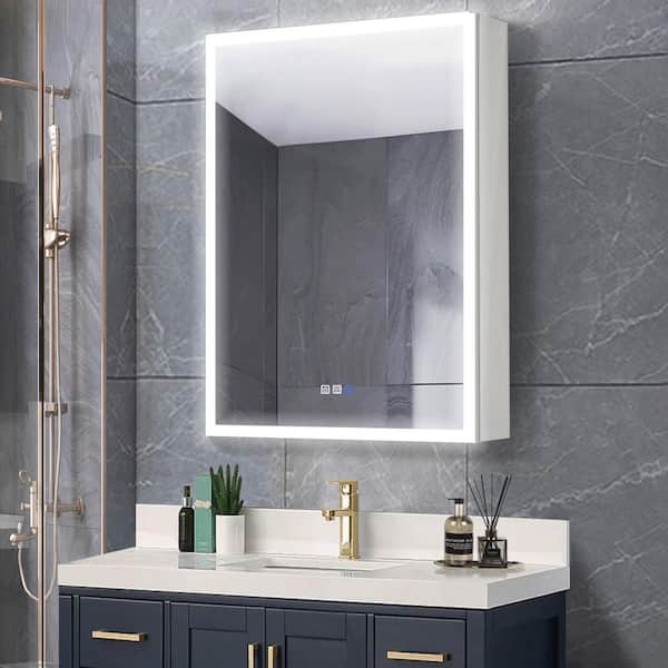 24 in. W x 30 in. H Rectangular Silver Aluminum Recessed/Surface Mount Lighted Medicine Cabinet with Mirror Open Left