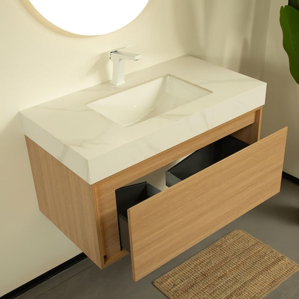Loiry Modern 36 in. Single Sink Floating Light Oak Bath Vanity with Carrara White Sintered Stone Top Pre-Assembled