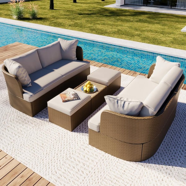OLUMAT 5-Piece Wicker Patio Conversation Set with Removable Beige Cushions With Central Coffee Table