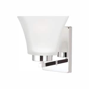Bayfield 5 in. 1-Light Chrome Contemporary Wall Sconce Bathroom Vanity Light with Satin Etched Glass Shade and LED Bulb