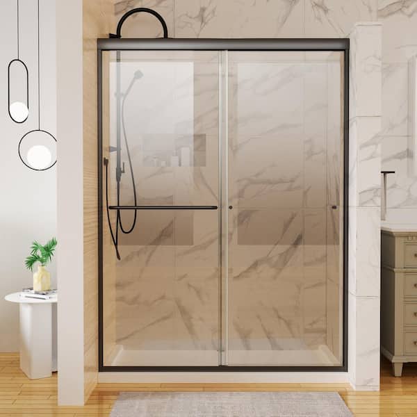 JimsMaison 54 in. W x 72 in. H Sliding Semi-Frameless Shower Door in Matte Black Finish with Clear Glass