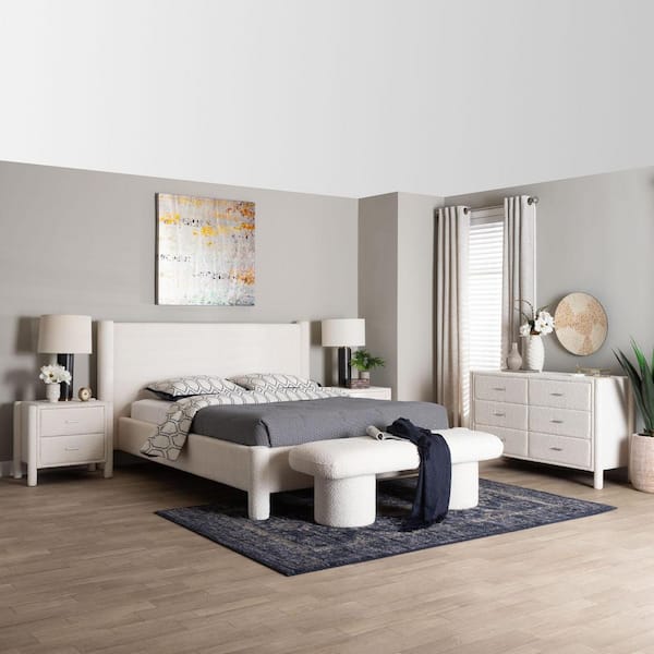 Baxton Studio Laria 5-Piece White Teddy Fabric Wood King Bedroom Set