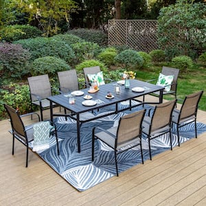 Black 9-Piece Metal Slat Rectangle Table Outdoor Patio Dining Set with Brown Textilene Chairs