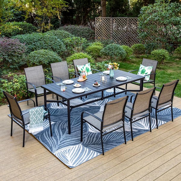 PHI VILLA Black 9-Piece Metal Slat Rectangle Table Outdoor Patio Dining Set with Brown Textilene Chairs
