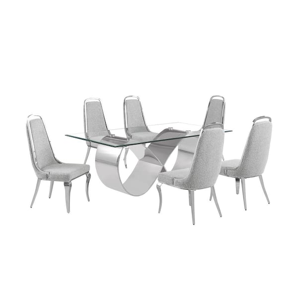 Best Quality Furniture Garrett 7-Piece Clear Tempered Glass Top with Stainless Steel Base Dining Set with 6 Rich Grey Boucle Fabric Chairs