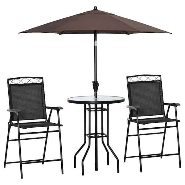 4-Piece Metal Outdoor Dining Set with 2 Folding Chairs, Adjustable Umbrella and Wave Textured Tempered Glass Table Black