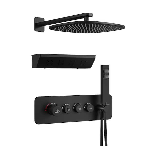 Boyel Living 1-Spray 12 in. Wall Mount Fixed and Handheld Shower Head Thermostatic Dual Shower Heads 2.5 GPM in Black