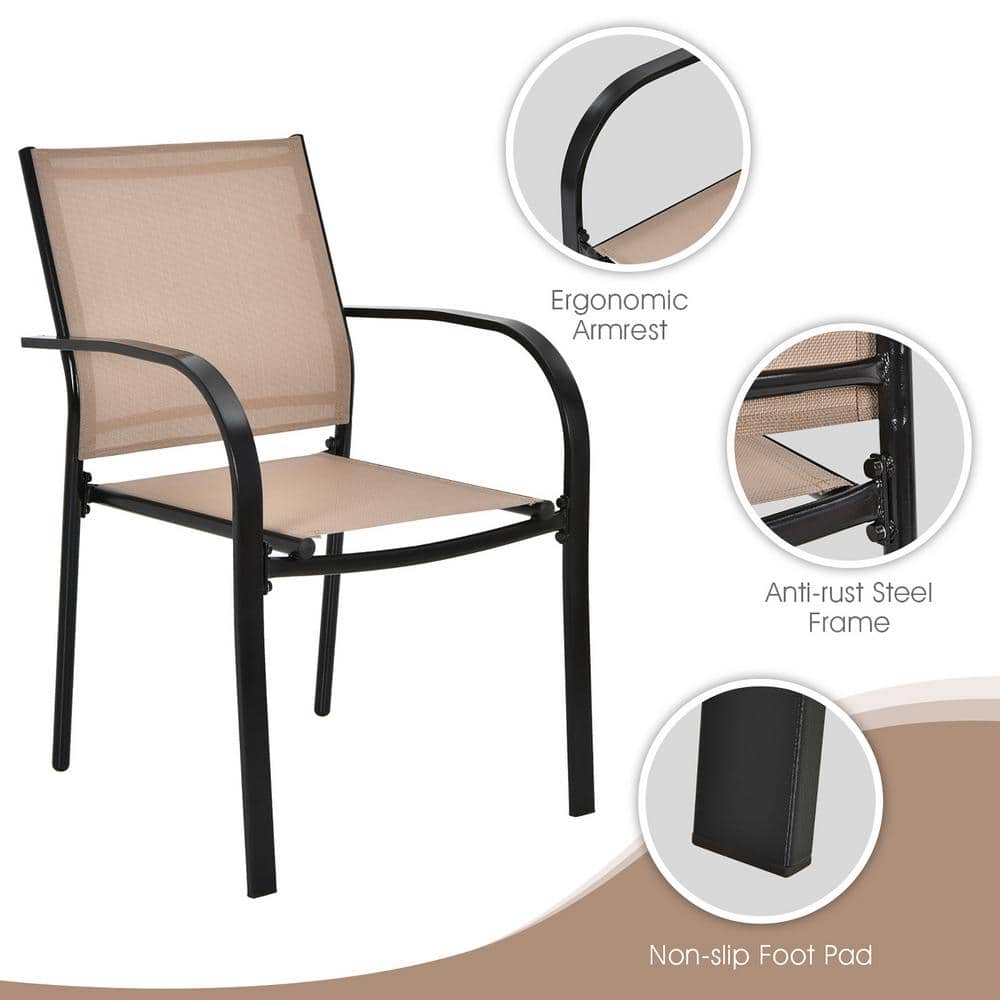 Black and Brown Steel Frame Patio Dining Armchairs, Set of 2