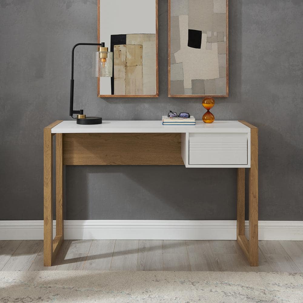 Ashton 46" English Oak and Solid White Modern Writing Desk with Drawer