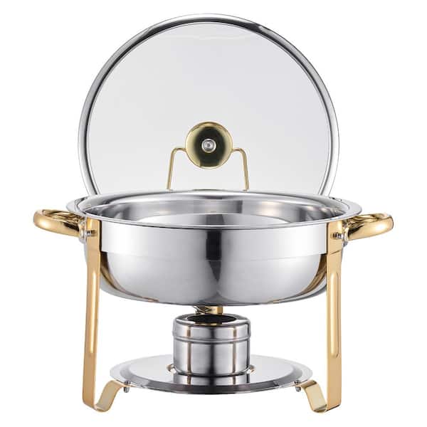 4-Pack 5 Qt Chafing Dish Set, Stainless Round Chafer w/ Glass Lid, Full Pans, Folding Stand, Fuel Holders