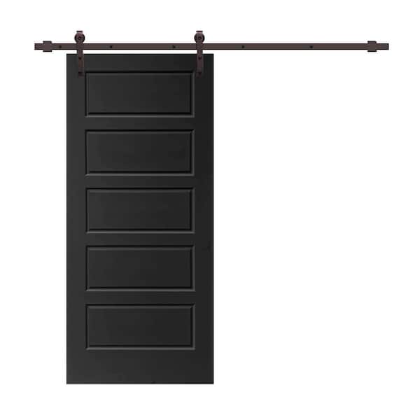 CALHOME 30 in. x 80 in. Black Stained Composite MDF 5 Panel Interior Sliding Barn Door with Hardware Kit