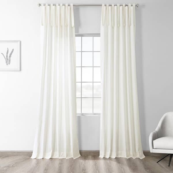 Exclusive Fabrics & Furnishings Warm Off-White Tie Top Solid Cotton Light Filtering Curtain - 50 in. W x 84 in. L Single Window Panel
