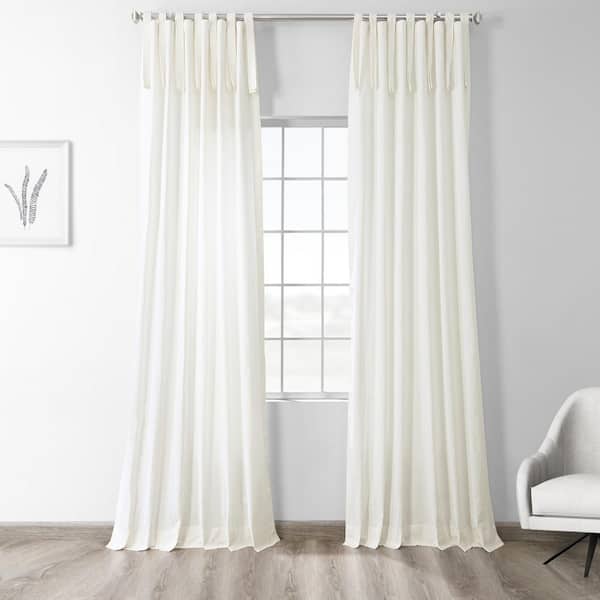 Exclusive Fabrics & Furnishings Warm Off-White Tie Top Solid Cotton Light Filtering Curtain - 50 in. W x 96 in. L Single Window Panel