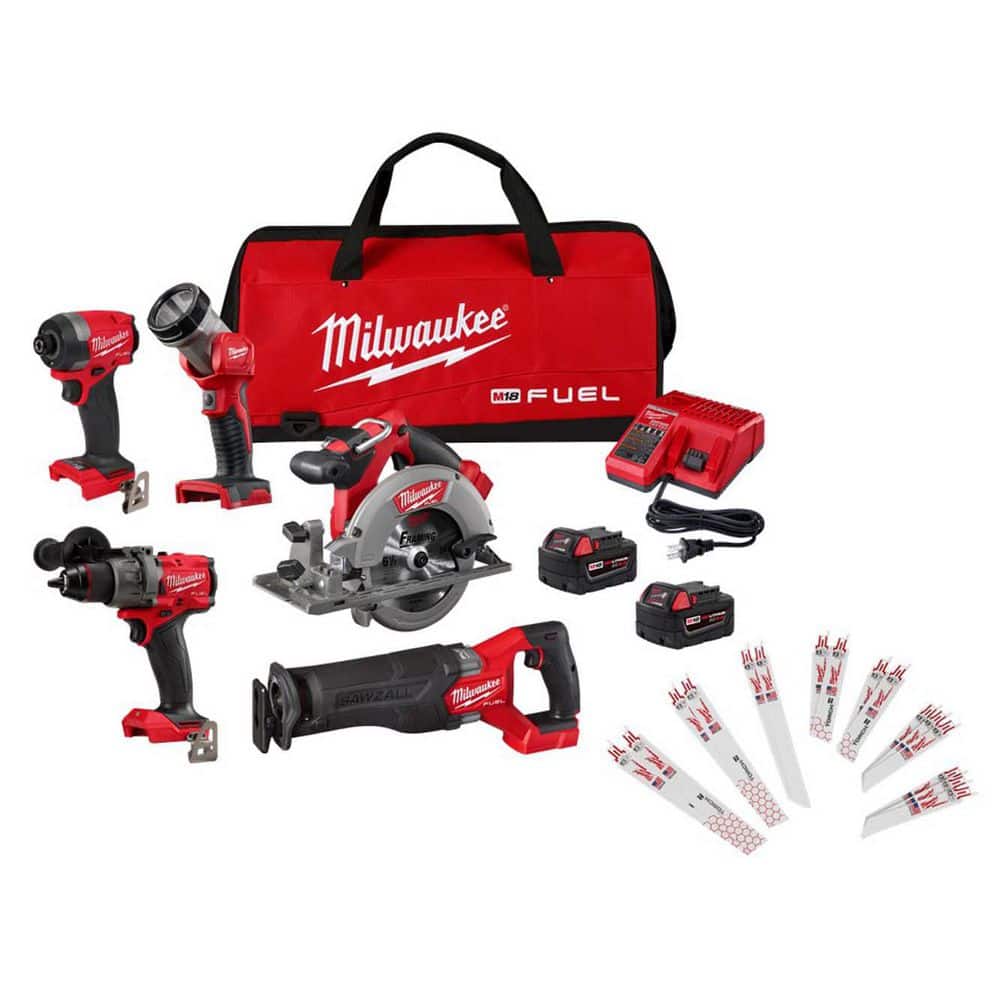 M18 FUEL 18V Lith-Ion Brushless Cordless Combo Kit (5-Tool) w/ Two 5.0 Ah Batteries, 1 Charger, & SAWZALL Blade Set