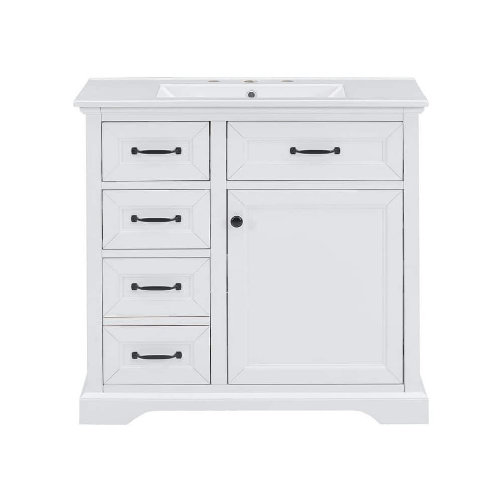 36 in. White Wood Rectangle Vessel Sink Bathroom Vanity Combo with 4 Drawers and 1 Soft-Close Door price history on PriceWatchPro