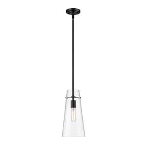 Kira 6.5 in. 1-Light Matte Black Shaded Pendant Light with Clear Glass Shade, No Bulbs Included