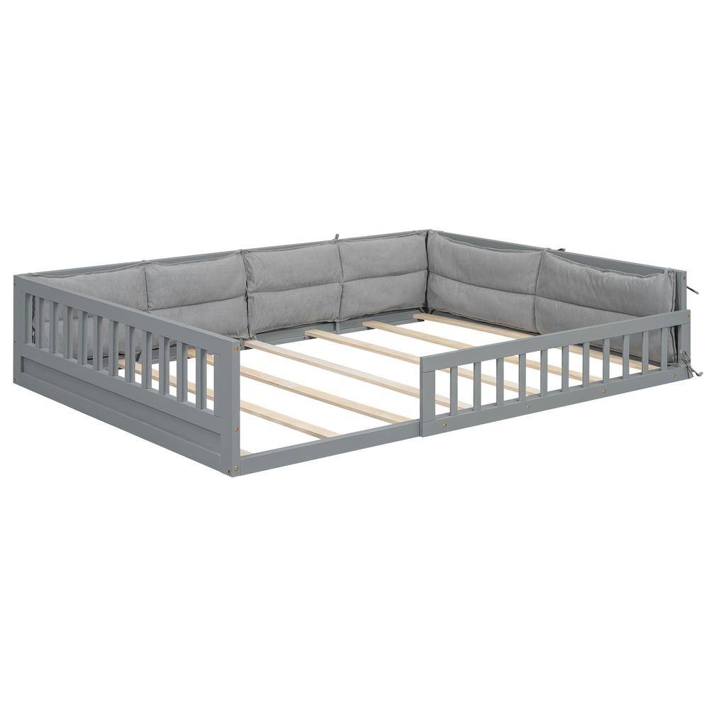 Gray Wood Frame Full Size Platform Bed with Pillows and Guardrails - thumbnail 2