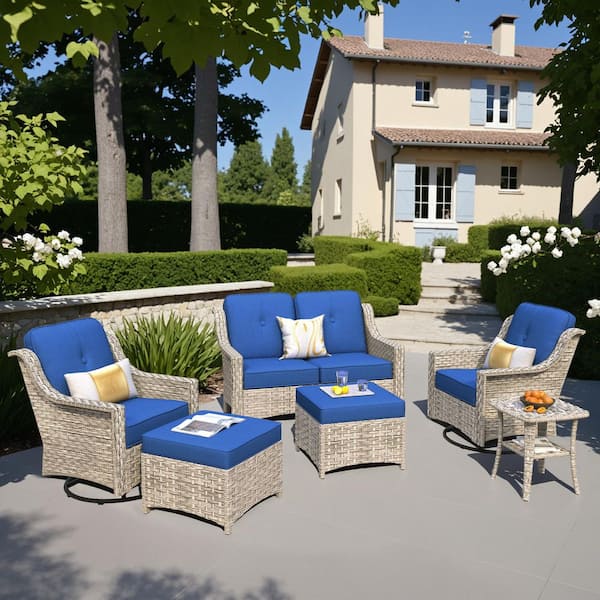 OVIOS Palffy Gray 6-Piece Wicker Patio Conversation Seating Set with Navy Blue Cushions and Swivel Rocking Chairs