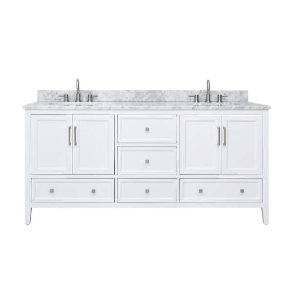 Avanity Everette 73 in. Double Sink White Bath Vanity with Carrara White Marble Top