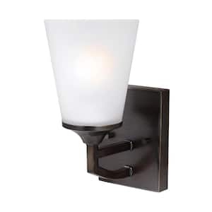 Hanford 5.12 in. 1-Light Bronze Modern Transitional Wall Sconce Bathroom Vanity Light with Satin Etched Glass Shade