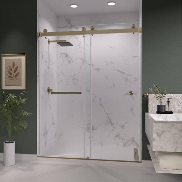 Catalyst FP 60 in. W x 84 in. H Double Sliding Frameless Shower Door in Brushed Bronze with 3/8 in. Clear Glass