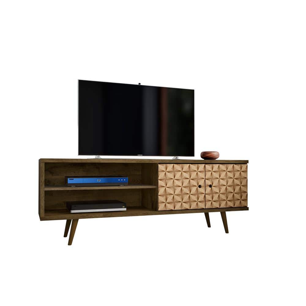 Liberty Collection 201AMC97 63"" Mid Century - Modern TV Stand with Solid Wood Legs  3 Shelves and 2 Doors in Rustic Brown and 3D Brown -  Manhattan Comfort
