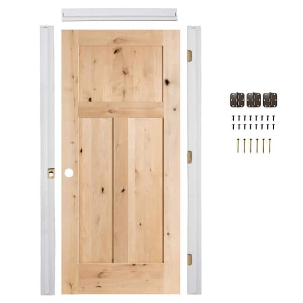 36in.x80in. Craftsman 3 Panel Right-Hand Knotty Alder Unfinished Assembly Required Interior Door Kit w/QuickAssembleJamb