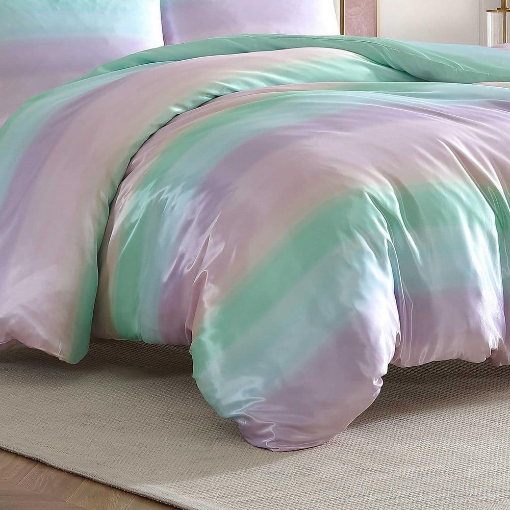 Pastel Ombre Purple and Green Satin King Bedspread Set