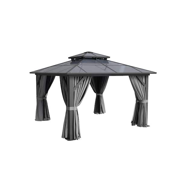 Grey Hardtop Gazebo 12 ft. x 10 ft., Aluminum Frame Permanent Pavilion with Curtains and Netting