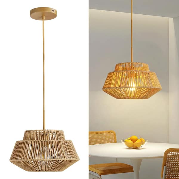 KAISITE 60-Watt 1 Light Modern Gold Rattan Shaded Pendant Light with 3000K Warm Light Woven Shade Chandelier, No Bulbs Included