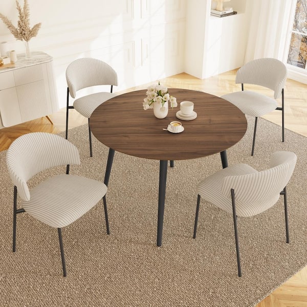 GOJANE 5-Piece 43.3 in. Modern Round Dining Table with 4-Corduroy Chairs (Walnut Table Plus 4-White Shell Chairs)
