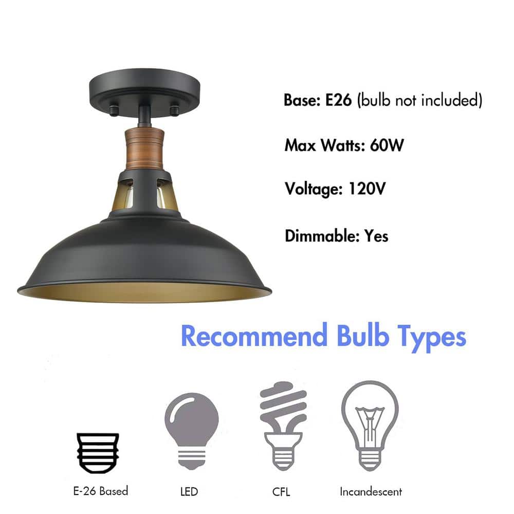 10.6" Black and Gold Metal Semi Flush Mount Ceiling Light