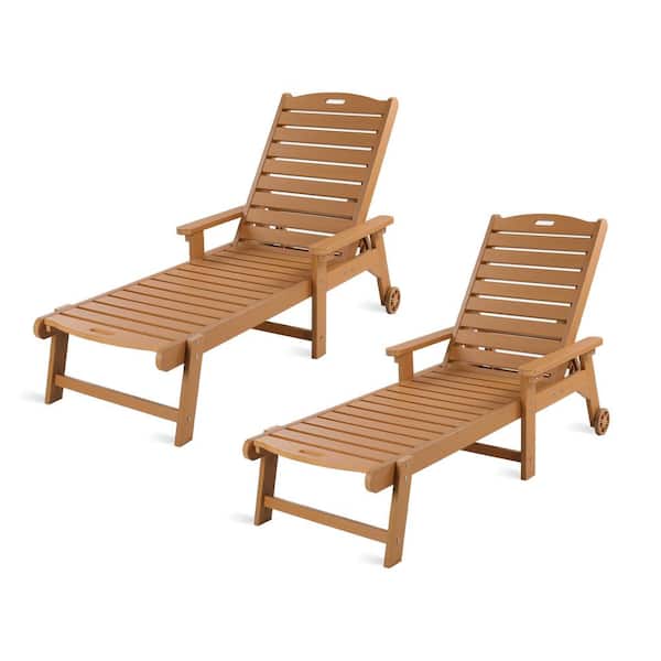 LUE BONA Helen Teak Brown Recycled Plastic Plywood Outdoor Reclining Chaise Lounge Chairs with Wheels for Poolside (Set of 2)