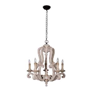 Farmhouse 5-Light Distressed White Wood Chandelier Candle Style Pendant for Kitchen Dining Room