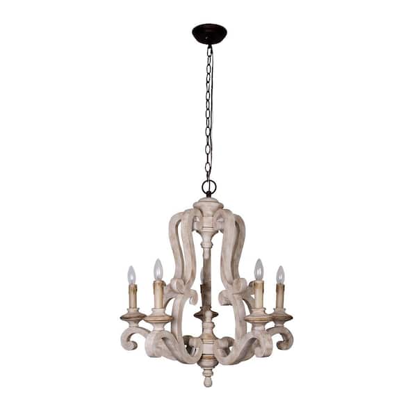 Farmhouse 5 -Light Distressed White Wood Chandelier
