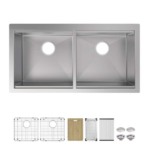 Professional Zero Radius 36 in Undermount Double Bowl 16 Gauge Stainless Steel Workstation Kitchen Sink with Accessories