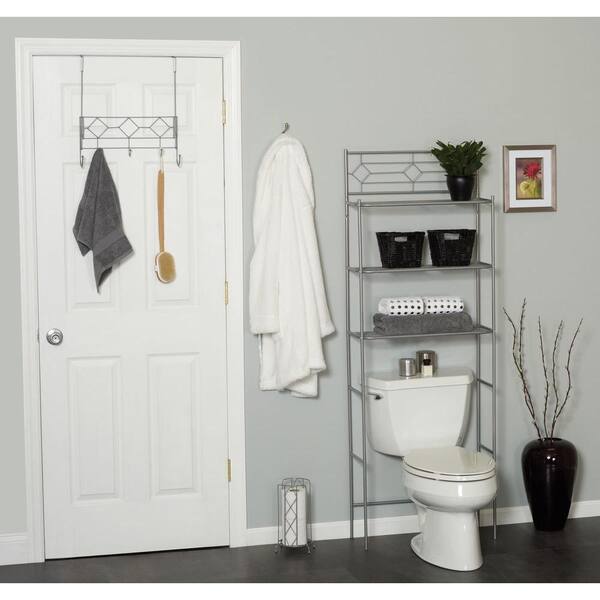 Zenna Home 3 Piece Bath Storage Set With Over The Toilet Space Saver Over The Door Rack And Toilet Paper Holder In Satin Nickel Bbn75 The Home Depot