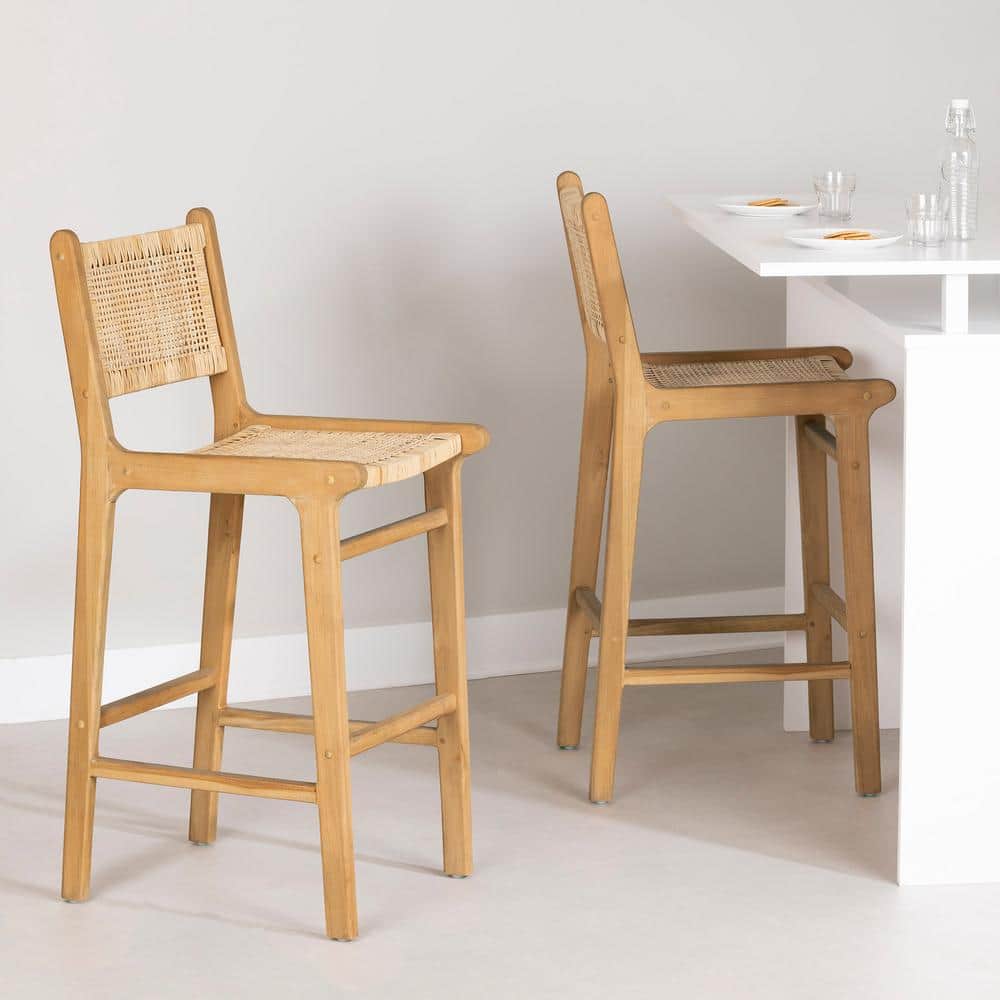 Natural Wood and Rattan Bohemian Bar Stools, Set of 2