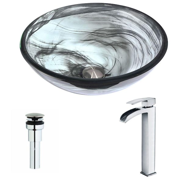 ANZZI Mezzo Series Deco-Glass Vessel Sink in Slumber Wisp with Key Faucet in Polished Chrome