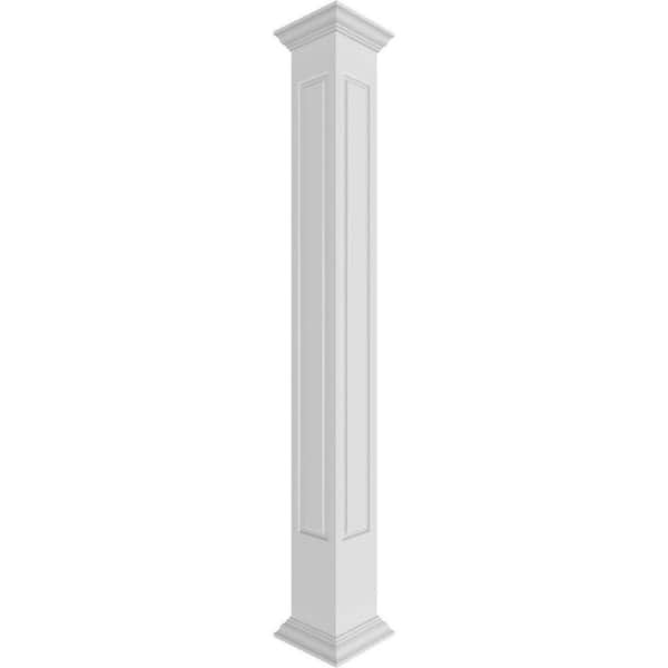 Ekena Millwork 7-5/8 in. x 10 ft. Premium Square Non-Tapered, Raised Panel PVC Column Wrap Kit, Crown Capital and Base